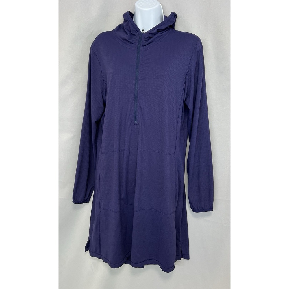 L.L.Bean Sun Shirt Dress Womens Large Blue Quarter Zip Hooded Pockets 506399